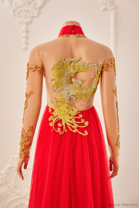 Red Bridal Ao Dai with Gold Lace | Vietnamese Bridal Dress (#LIANA) - Dream Dresses by P.M.N.