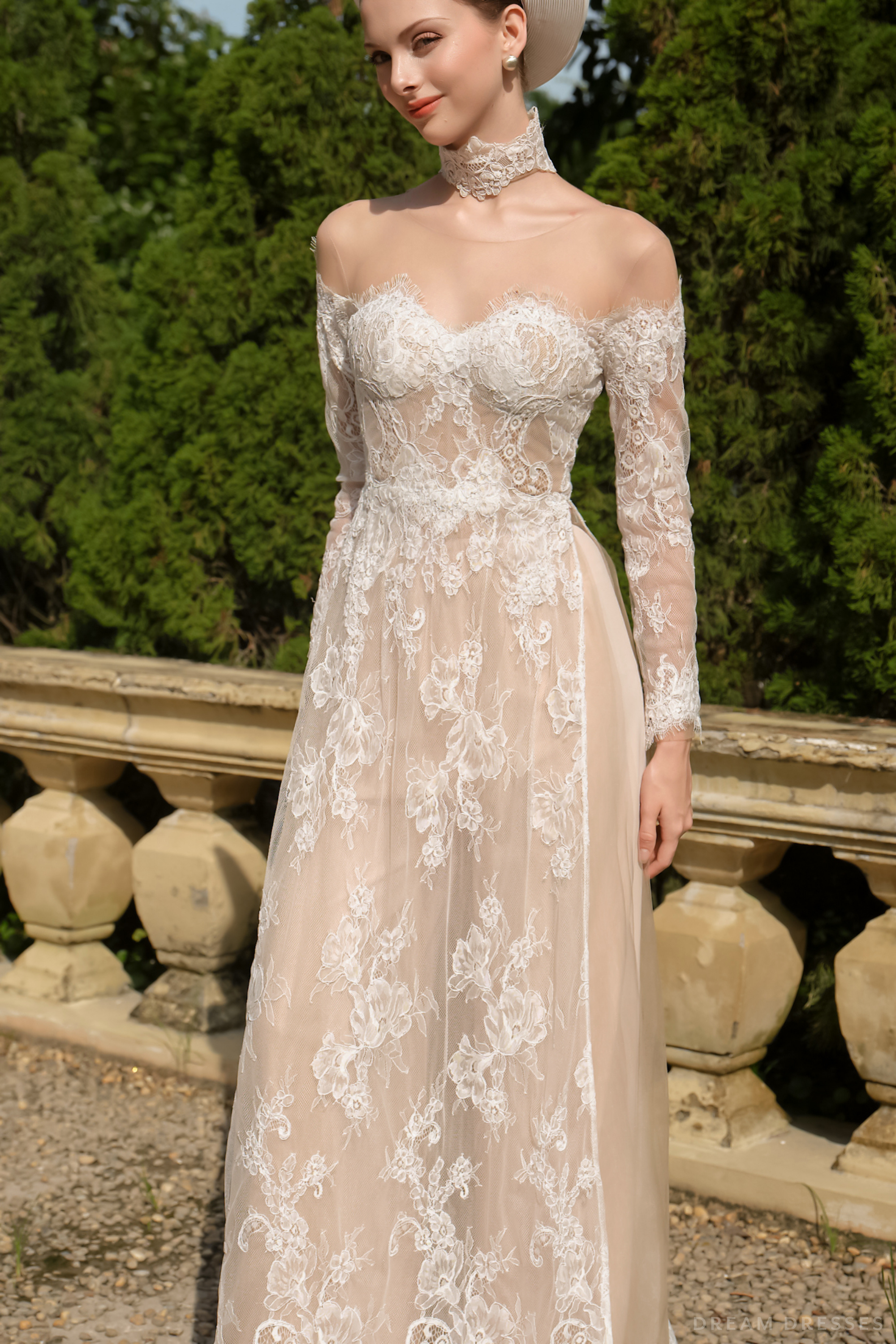 White Bridal Ao Dai | Modern Vietnamese Bridal Dress with French Lace (#ORIANA)