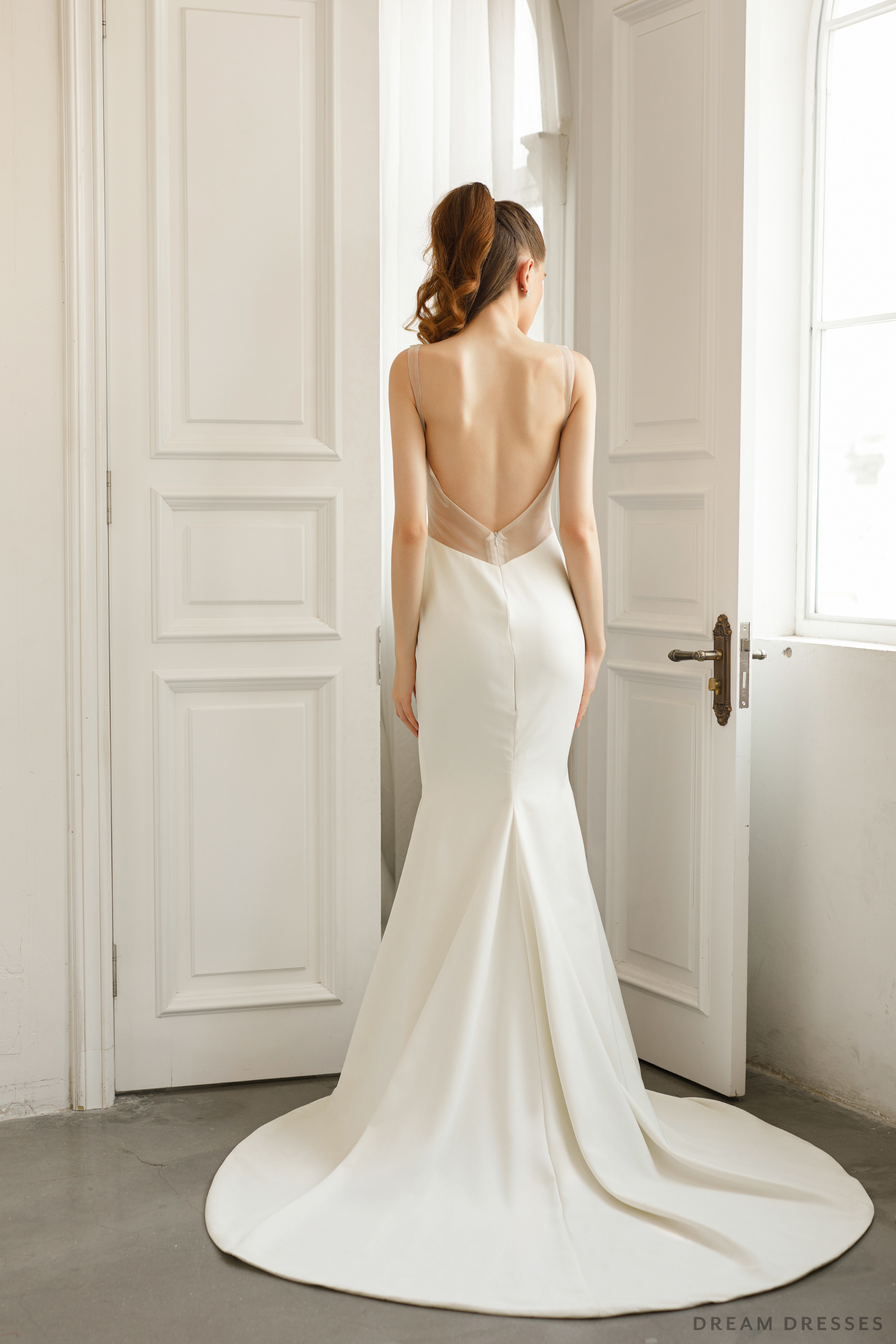 DreamDress By PMN Dyone Minimalist Mermaid Wedding Dress Gown Plunging Straps Sheer Low Back Sleeveless Chapel Train | Size: 24 DreamDress By PMN Dyone Minimalist Mermaid Wedding Dress Gown Plunging Straps Sheer Low Back Sleeveless Chapel Train | Size: 24