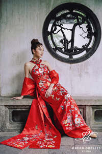 Red Cheongsam-Inspired Ao Dai with Bow Cape (#TRAM) - Dream Dresses by P.M.N.