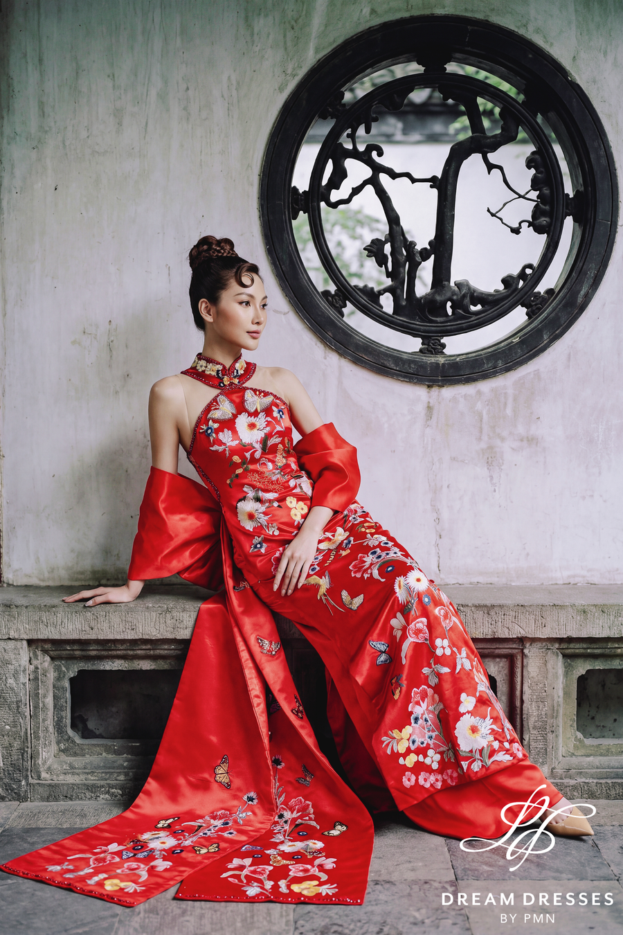 Red Cheongsam-Inspired Ao Dai with Bow Cape (#TRAM) - Dream Dresses by P.M.N.