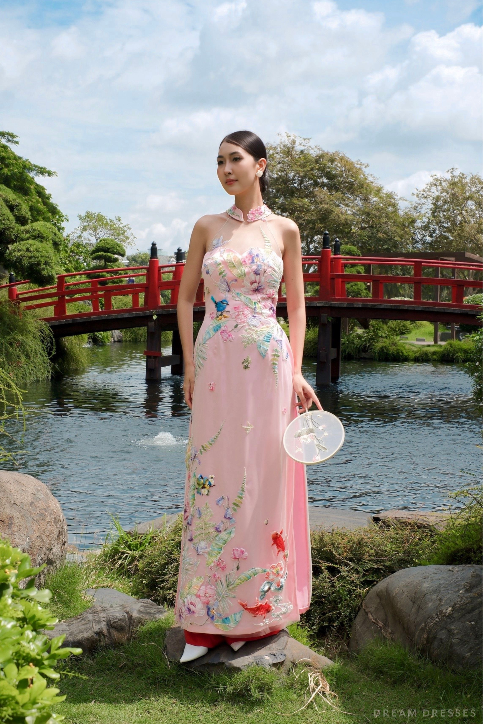 Pink Bridal Embroidery Ao Dai | Modern Vietnamese Bridal Dress (#CELESTYA)