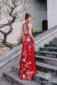 Red Cheongsam-Inspired Ao Dai with Bow Cape (#TRAM) - Dream Dresses by P.M.N.