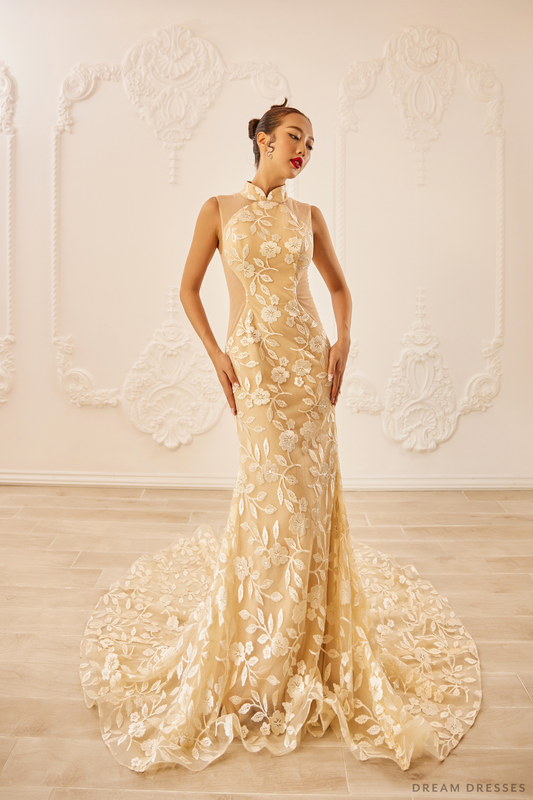 Champagne Bridal Cheongsam | Couture Lace Modern Cheongsam  (#LUNA) - Dream Dresses by P.M.N.