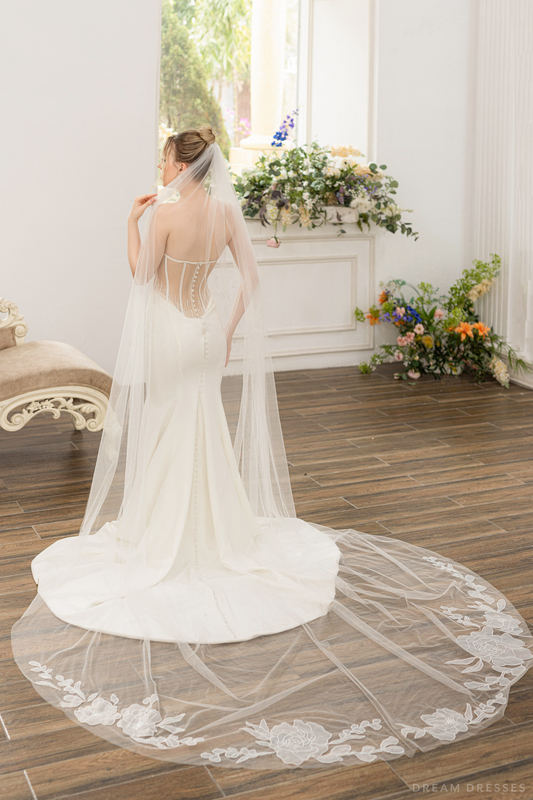 Cathedral Wedding Veil with Floral Lace (#MARTINA) - Dream Dresses by P.M.N.