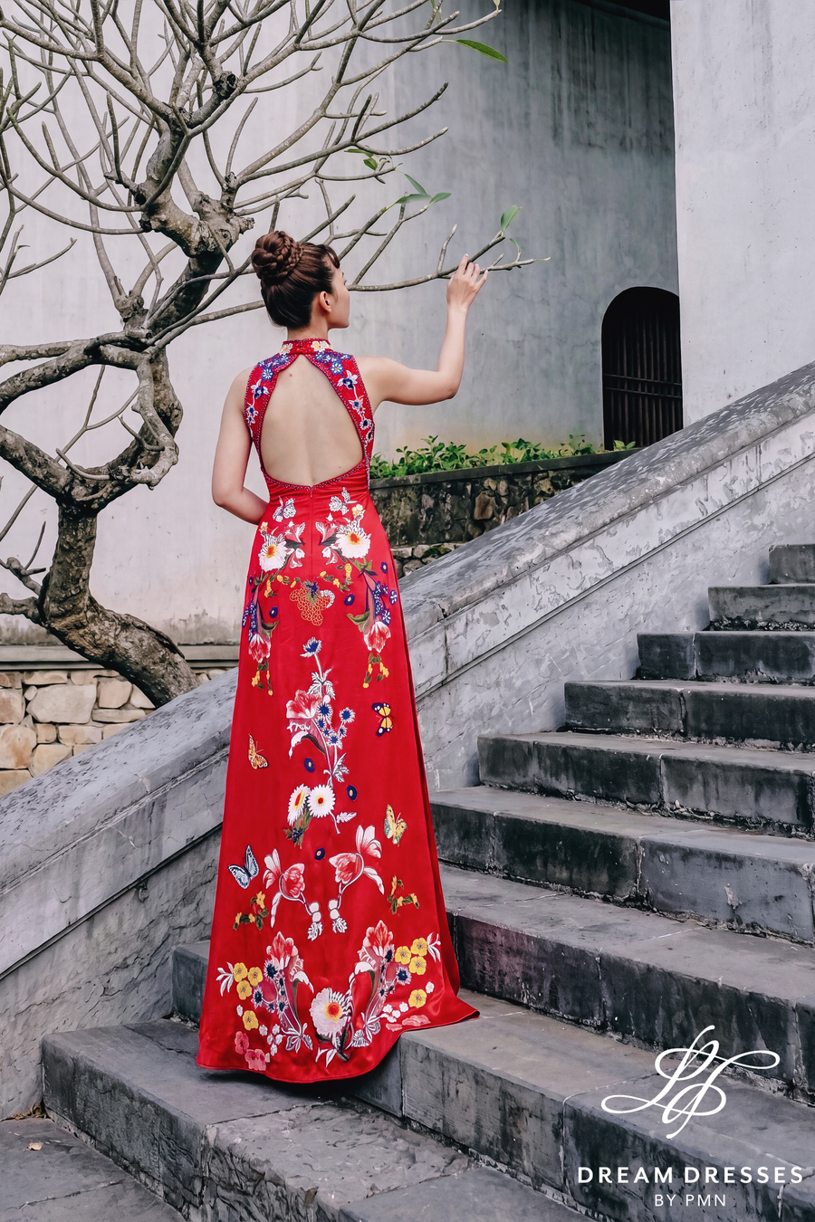 Red Cheongsam-Inspired Ao Dai with Bow Cape (#TRAM) - Dream Dresses by P.M.N.