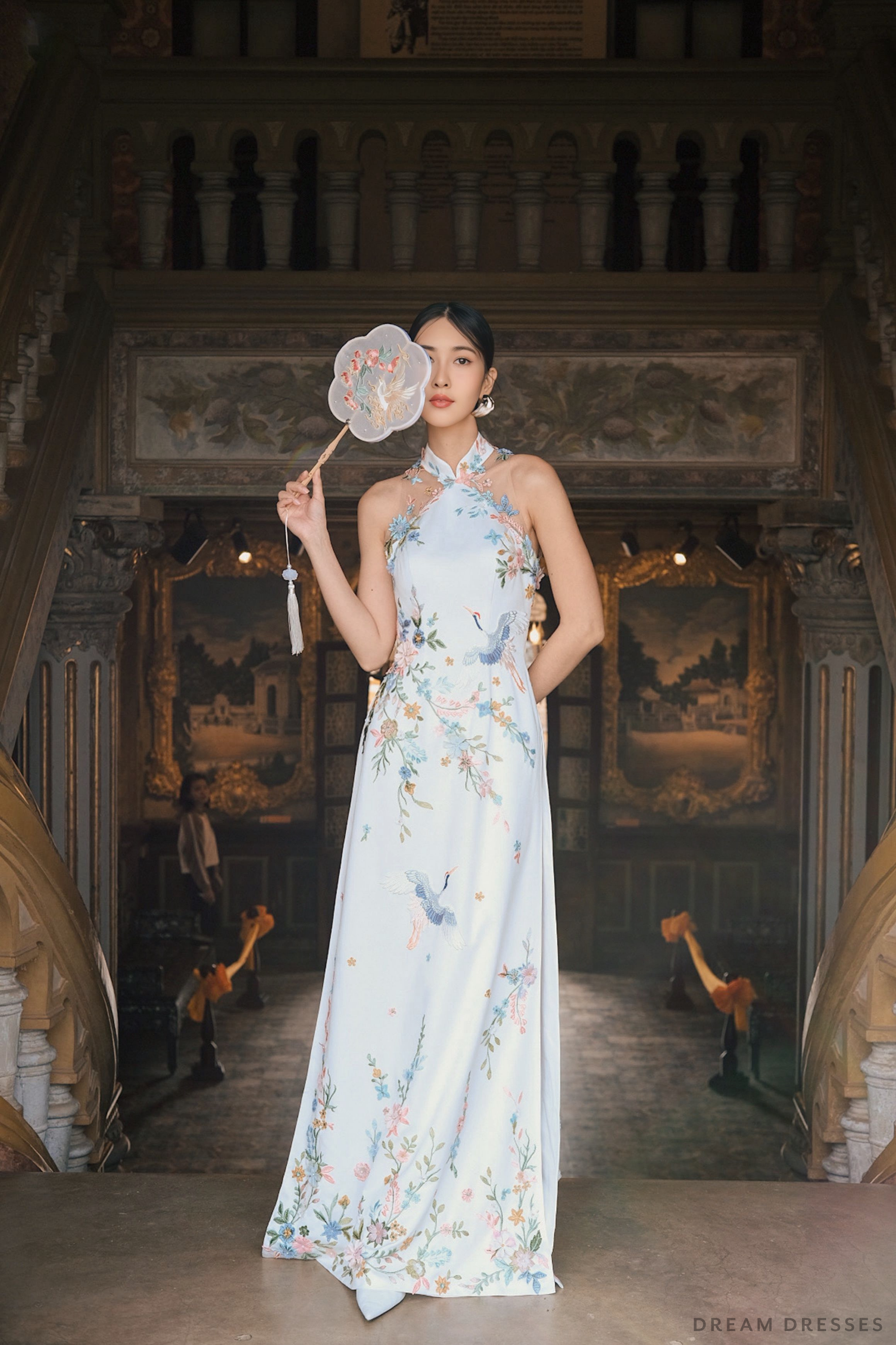DreamDress By PMN Lieu Cheongsam Inspired Ao Dai Wedding Dress Gown Illusion Flowers Lace Dress Chapel Cape White Pants | Size: Custom DreamDress By PMN Lieu Cheongsam Inspired Ao Dai Wedding Dress Gown Illusion Flowers Lace Dress Chapel Cape White Pants | Size: Custom