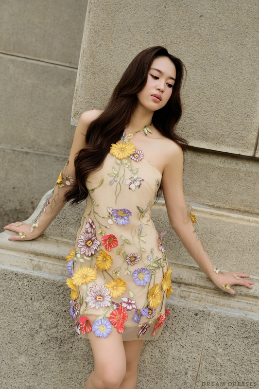 Cocktail Bridal Dress with Colorful 3D Floral Lace (#CAYDIE) - Dream Dresses by P.M.N.