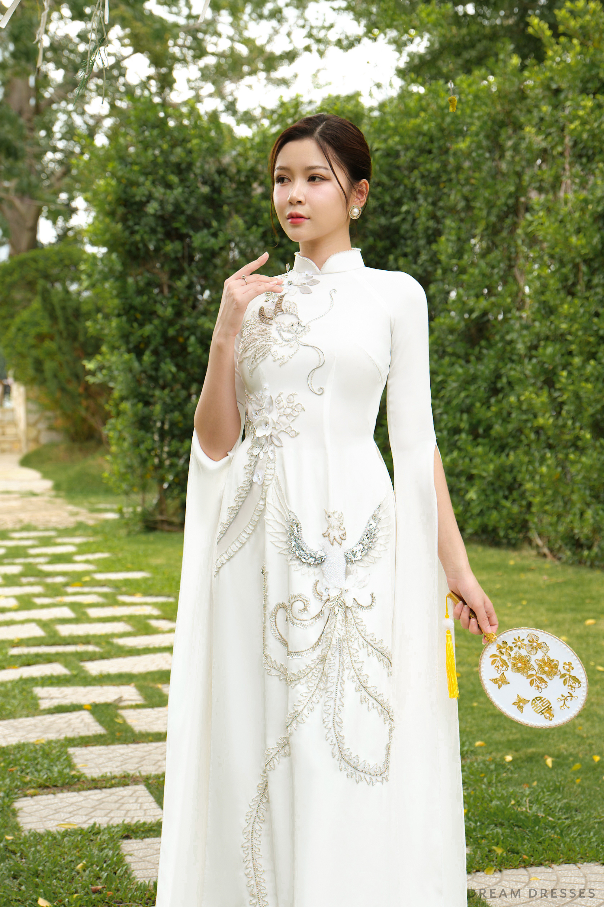 White Bridal Ao Dai | Modern Vietnamese Bridal Dress with Couture Lace (#CHARMY)