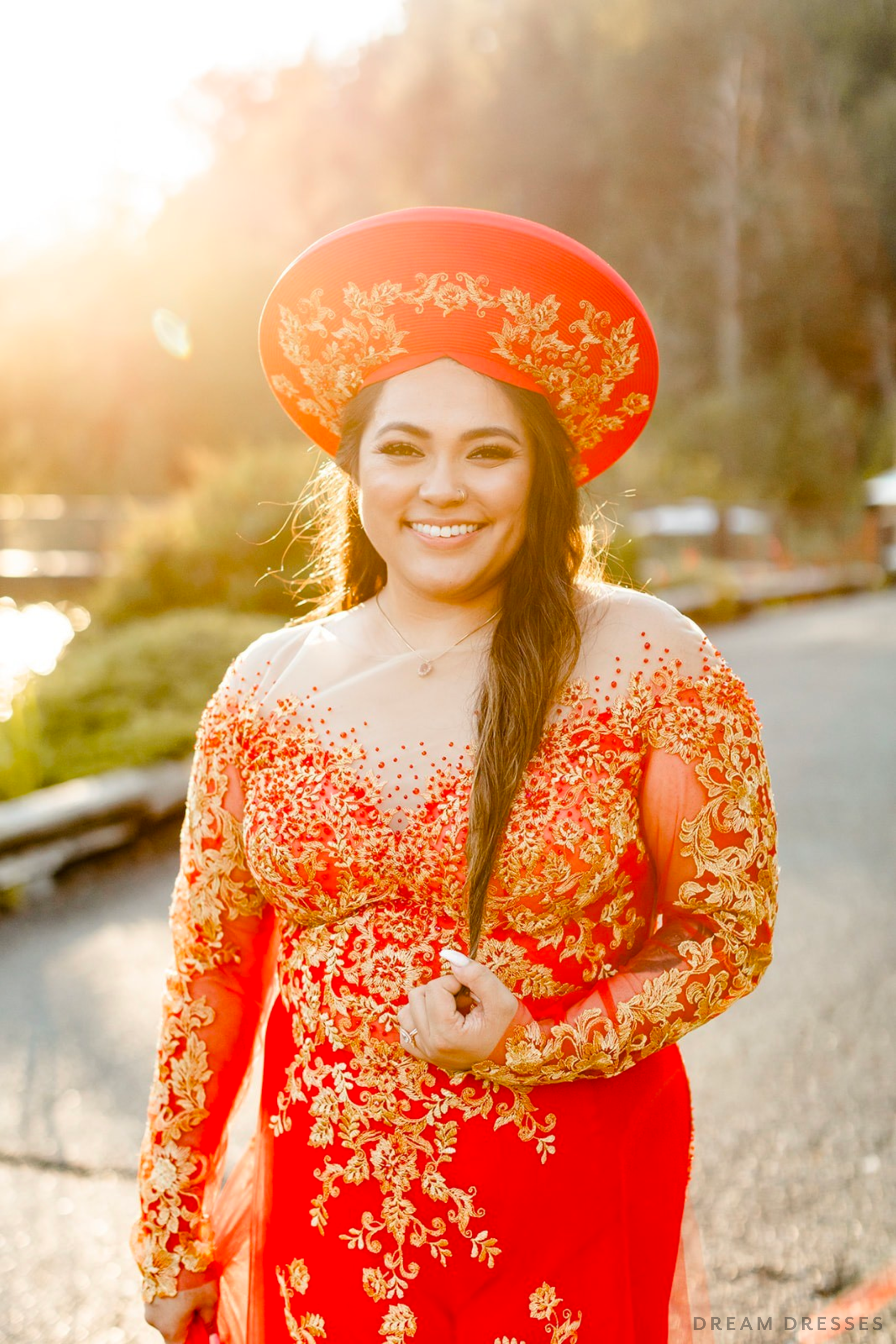 Red Bridal Ao Dai with Gold Lace | Vietnamese Bridal Dress (#FIORELLA)