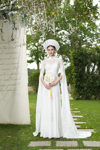 White Bridal Ao Dai | Modern Vietnamese Bridal Dress with Couture Lace (#ELENOAR) - Dream Dresses by P.M.N.