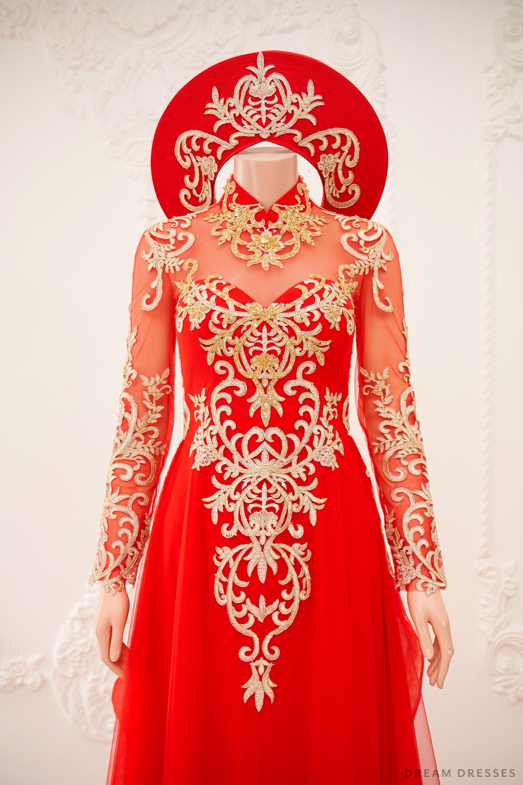 Red Bridal Ao Dai | Vietnamese Traditional Bridal Dress with Gold Lace (#GIATUE)