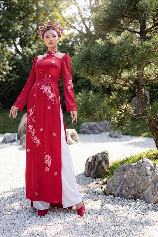Red Modern Bridal Ao Dai (#NINH) - Dream Dresses by P.M.N.