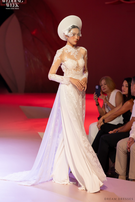 White Bridal Ao Dai | Modern Vietnamese Bridal Dress with French Lace (#AMBERLY) - Dream Dresses by P.M.N.