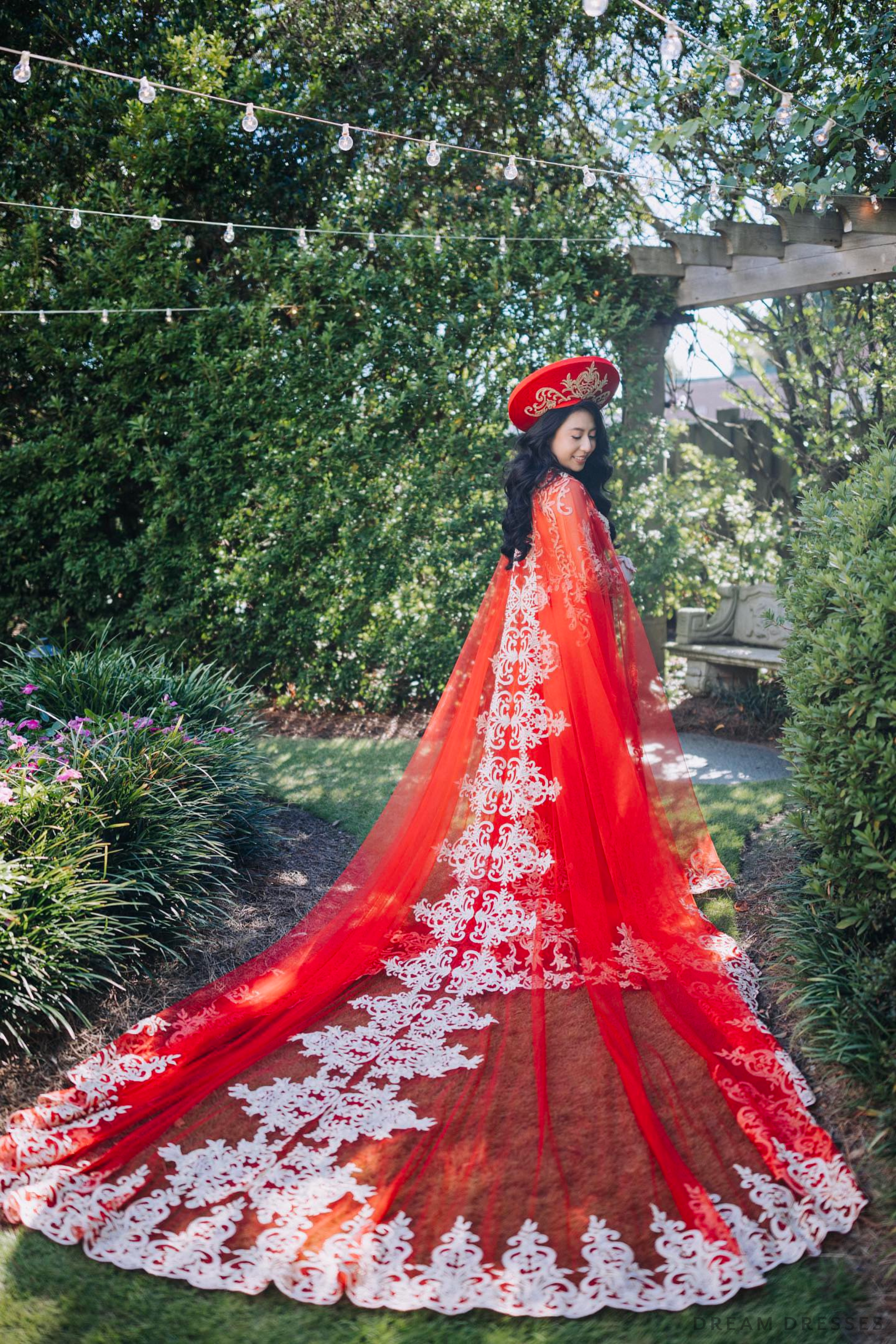 DreamDress By PMN Giatue Ao Dai Inspired Wedding Dress Gown Illusion Neckline See-Through Back Chiffon Pants Long Sleeves