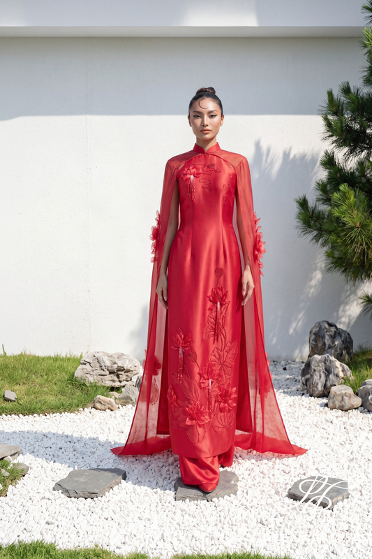 Red Bridal Ao Dai with High Fashion Sleeves (#LOAN) - Dream Dresses by P.M.N.