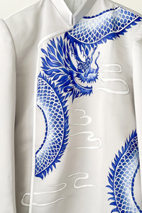 Gray and Blue Groom Ao Dai Jacket | Hand-Painted Dragon Vietnamese Ao Dai (#Khiem) - Dream Dresses by P.M.N.