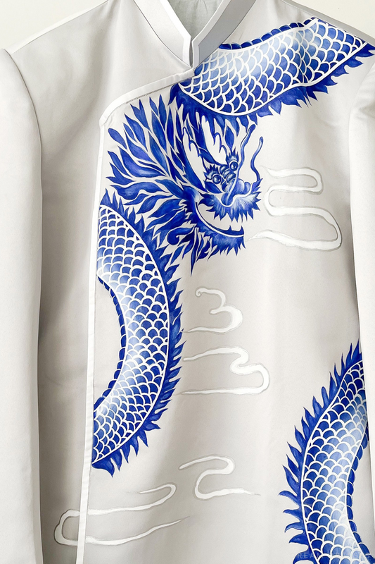 Gray and Blue Groom Ao Dai Jacket | Hand-Painted Dragon Vietnamese Ao Dai (#Khiem) - Dream Dresses by P.M.N.
