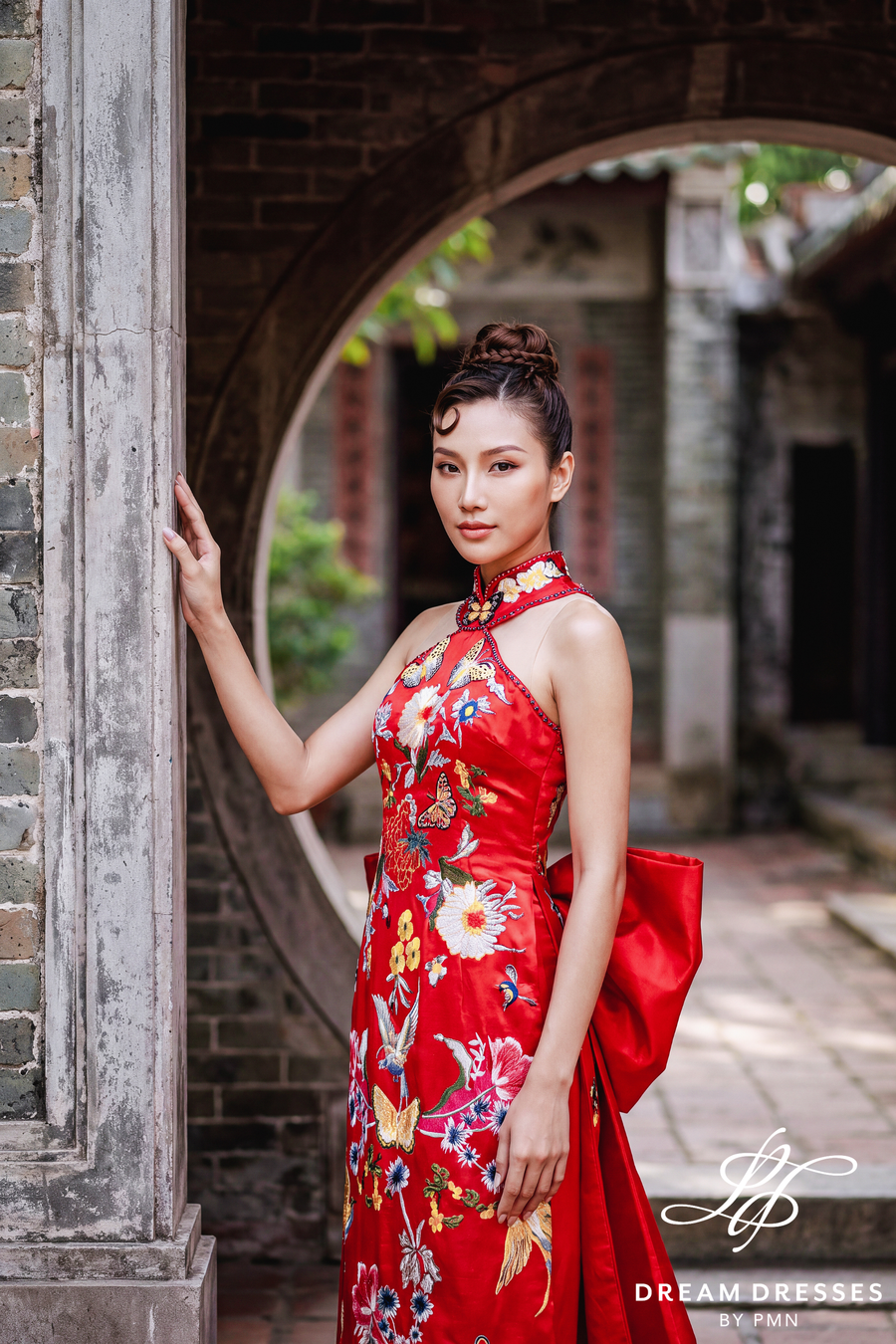 Red Cheongsam-Inspired Ao Dai with Bow Cape (#TRAM) - Dream Dresses by P.M.N.