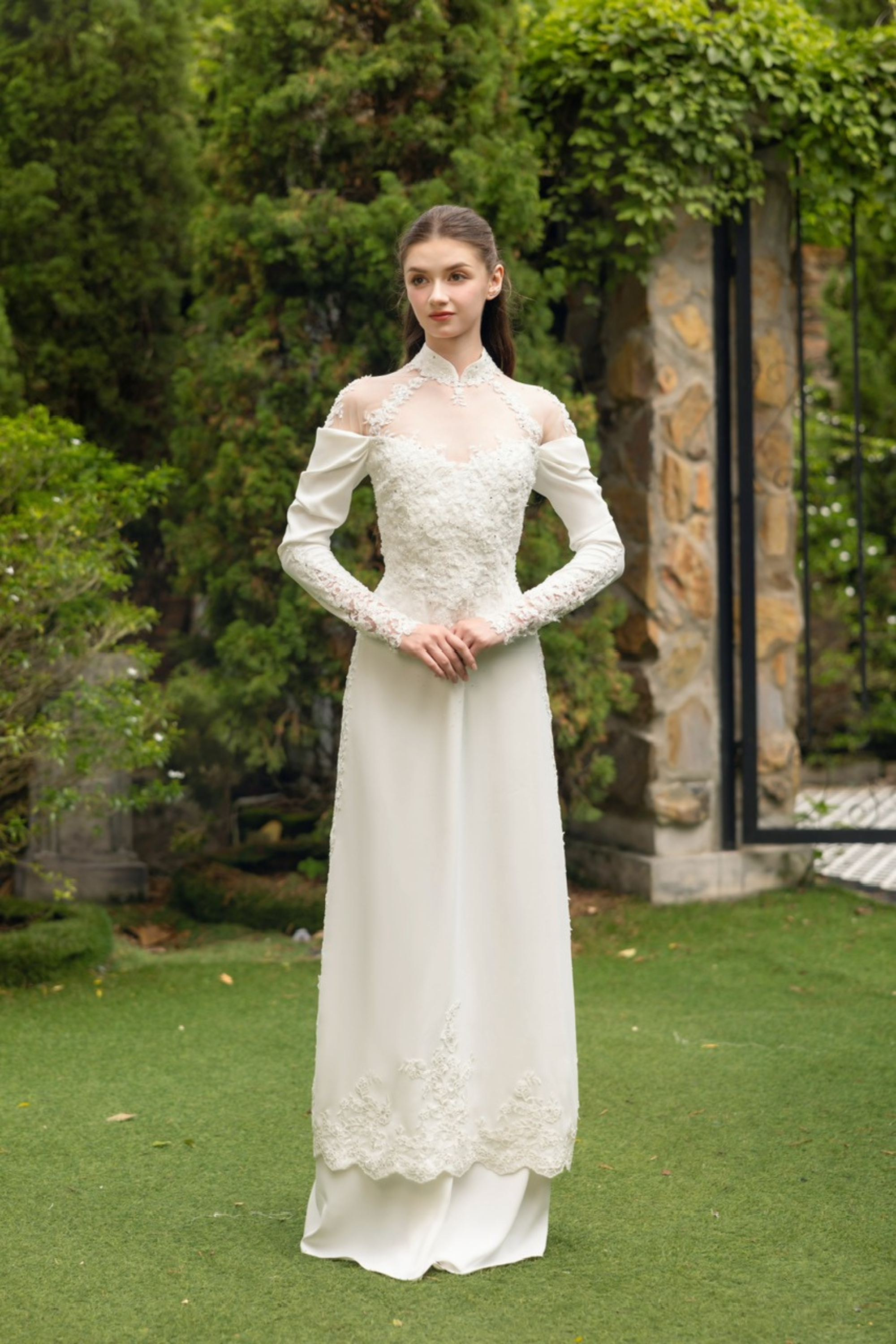 DreamDress By PMN Ally Ao Dai Inspired White Wedding Dress Gown Illusion Neckline & Back Beaded Lace Beaded Lace On Bodice White Pants | Size: 26 DreamDress By PMN Ally Ao Dai Inspired White Wedding Dress Gown Illusion Neckline & Back Beaded Lace Beaded Lace On Bodice White Pants | Size: 26