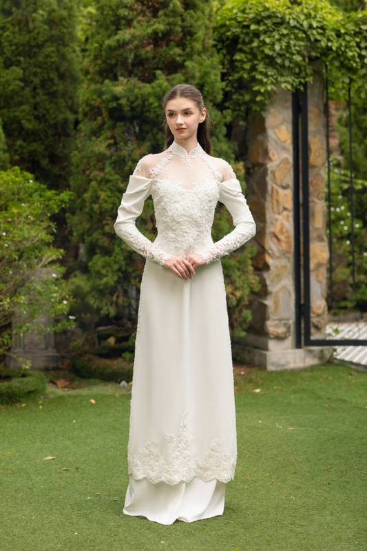 White Silk Ao Dai | Modern Vietnamese Bridal Dress (#ALLY) - Dream Dresses by P.M.N.