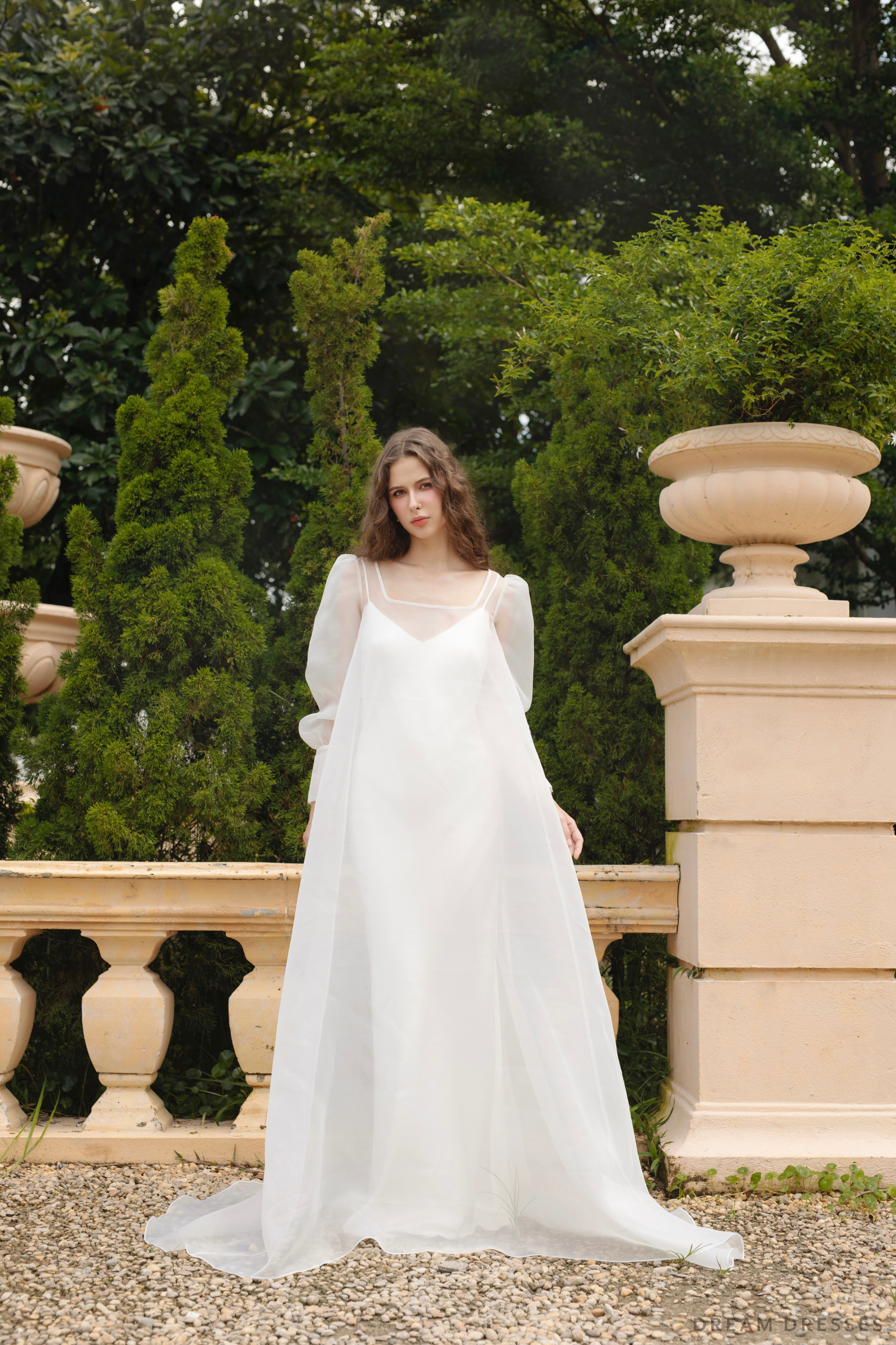 DreamDress By PMN Nayane Wedding Dress Gown Squared Neck Overlay V-Neck Spaghetti Strap Slip Chapel Train | Size: Custom | With Slip DreamDress By PMN Nayane Wedding Dress Gown Squared Neck Overlay V-Neck Spaghetti Strap Slip Chapel Train | Size: Custom | With Slip