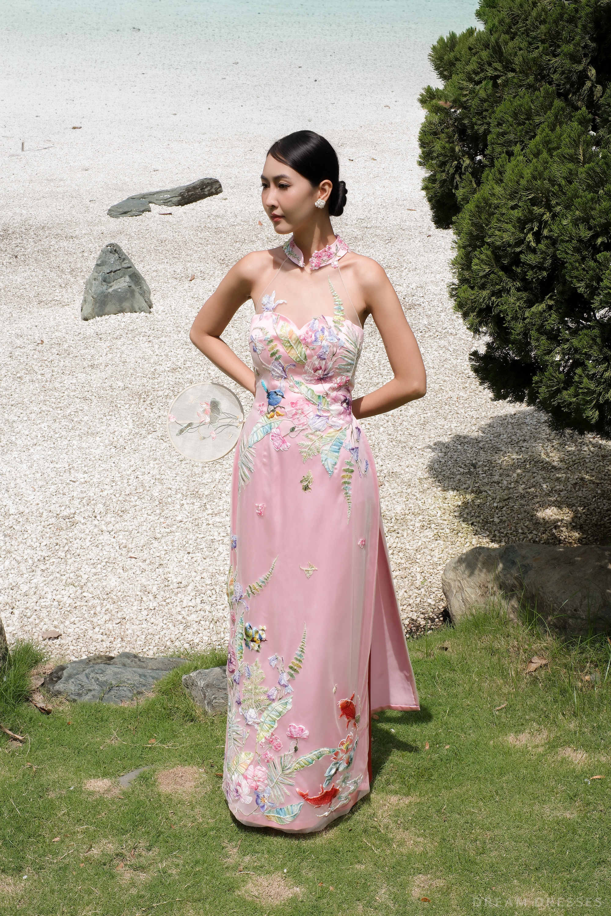 Pink Bridal Embroidery Ao Dai | Modern Vietnamese Bridal Dress (#CELESTYA)