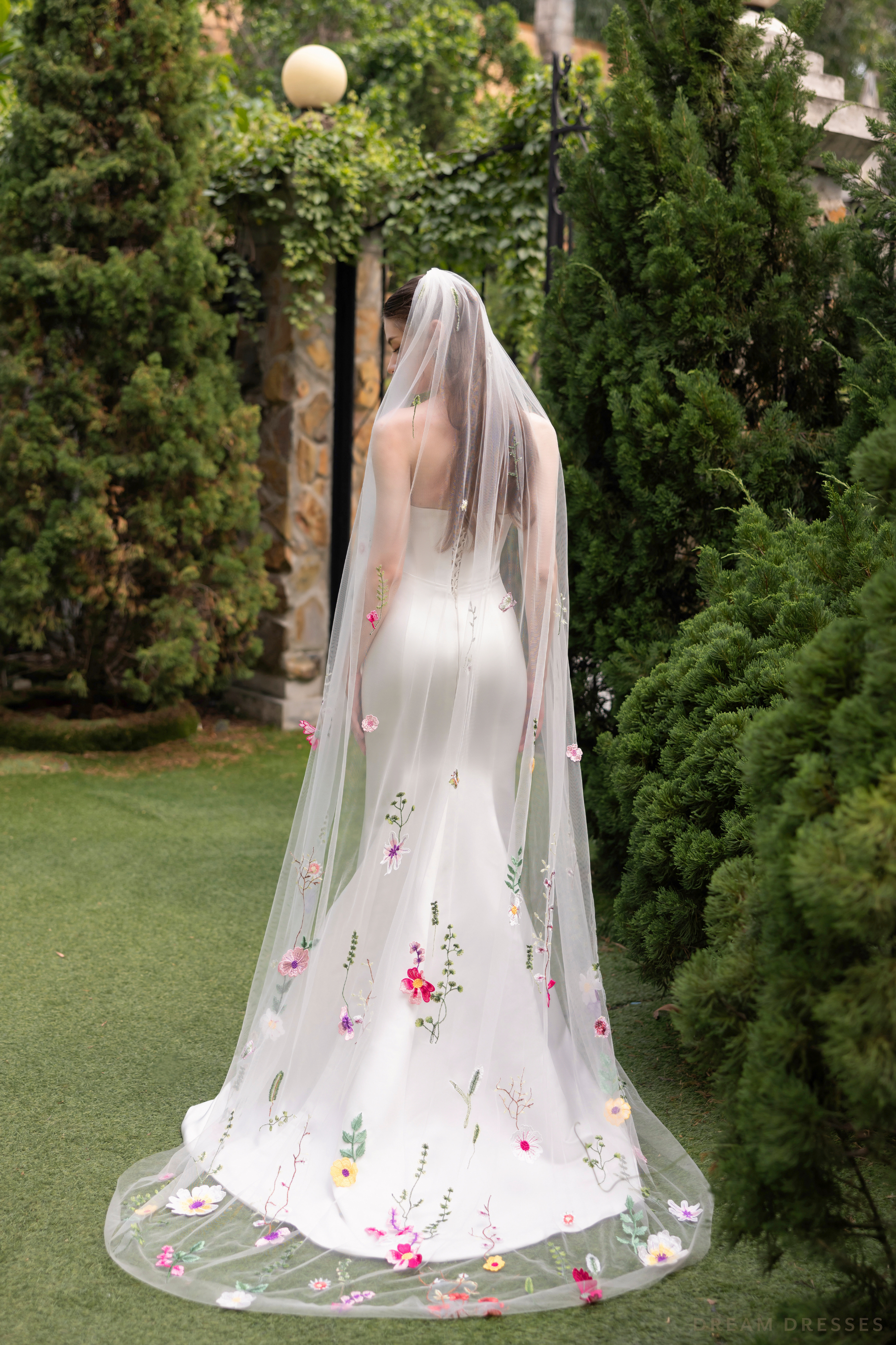 One Tier Colorful Floral Veil (#FLORAL) - Dream Dresses by P.M.N.