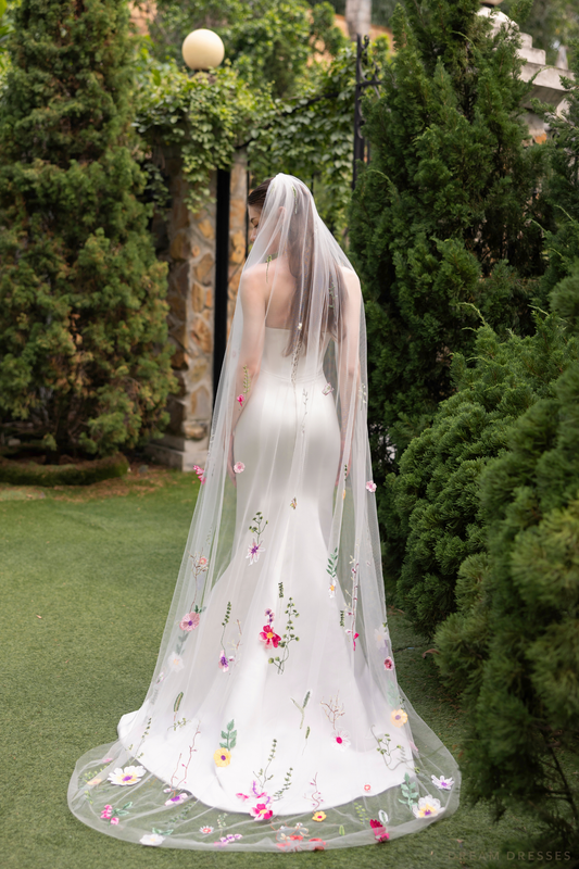 One Tier Colorful Floral Veil (#FLORAL) - Dream Dresses by P.M.N.