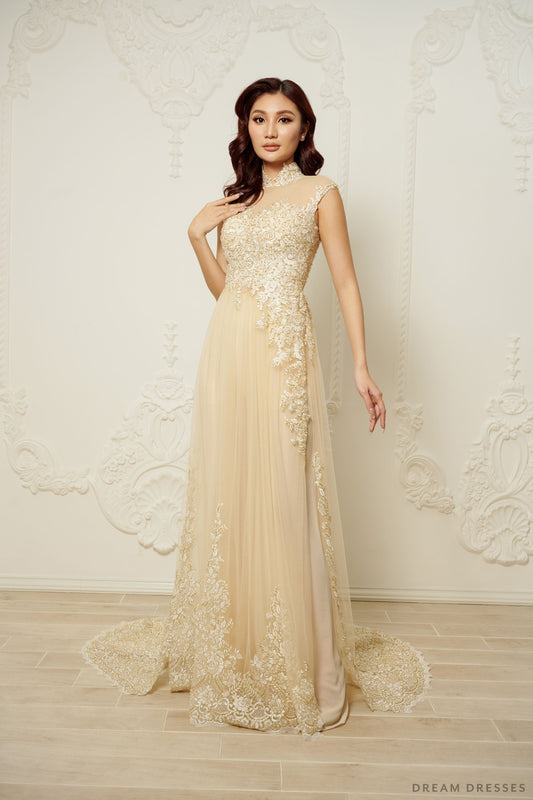 Champagne Bridal Ao Dai | Modern Vietnamese Bridal Dress (#SUYIN) - Dream Dresses by P.M.N.