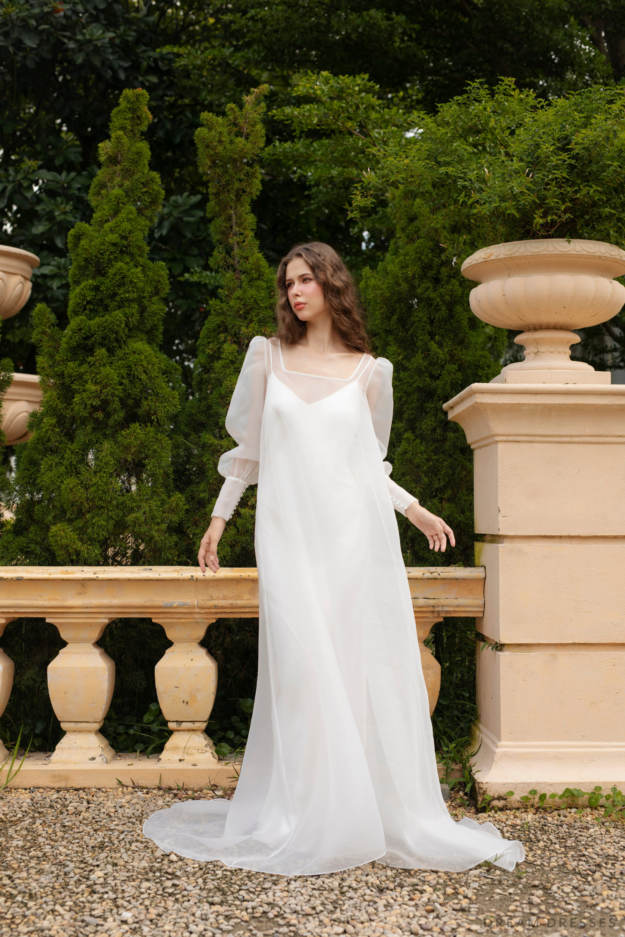 DreamDress By PMN Nayane Wedding Dress Gown Squared Neck Overlay V-Neck Spaghetti Strap Slip Chapel Train | Size: Custom | With Slip DreamDress By PMN Nayane Wedding Dress Gown Squared Neck Overlay V-Neck Spaghetti Strap Slip Chapel Train | Size: Custom | With Slip