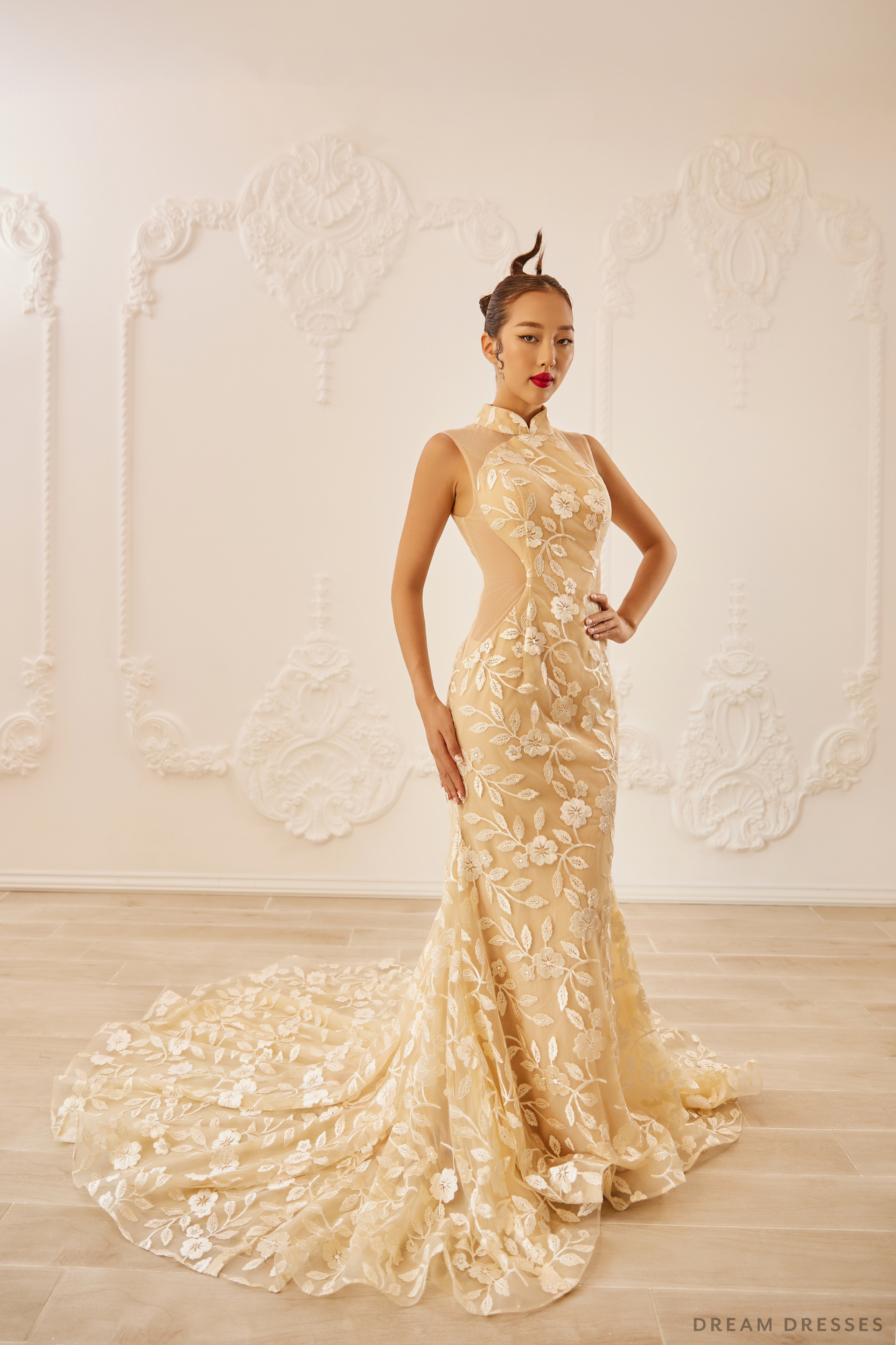 Champagne Bridal Cheongsam | Couture Lace Modern Cheongsam  (#LUNA) - Dream Dresses by P.M.N.