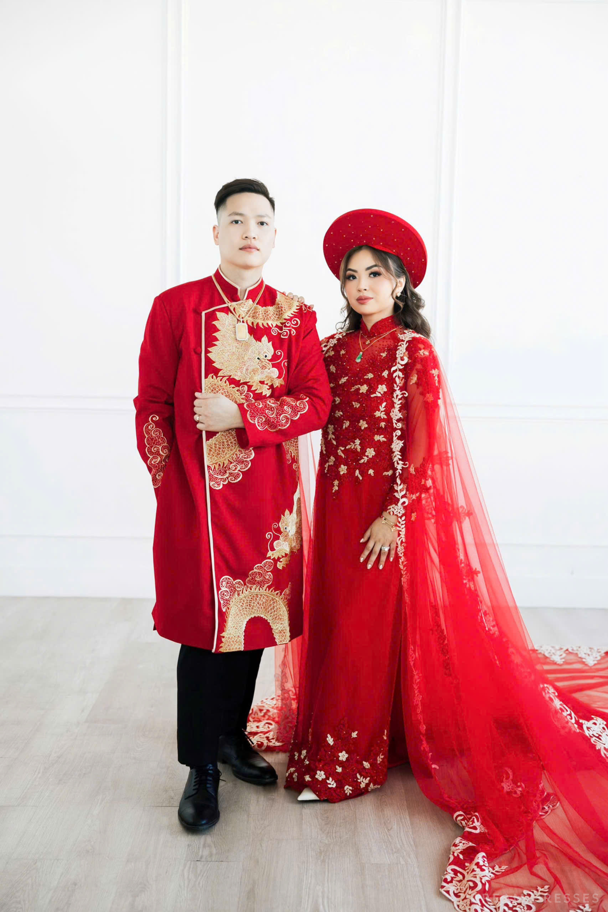 Red Bridal o Di with Red & Gold Lace and Hat | Vietnamese Wedding Red Bridal o Di with Red & Gold Lace and Hat | Vietnamese Wedding