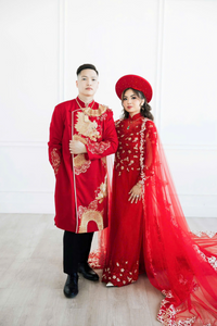 Red Bridal Ao Dai with Red and Gold Lace | Vietnamese Bridal Dress (#AMEE) - Dream Dresses by P.M.N.