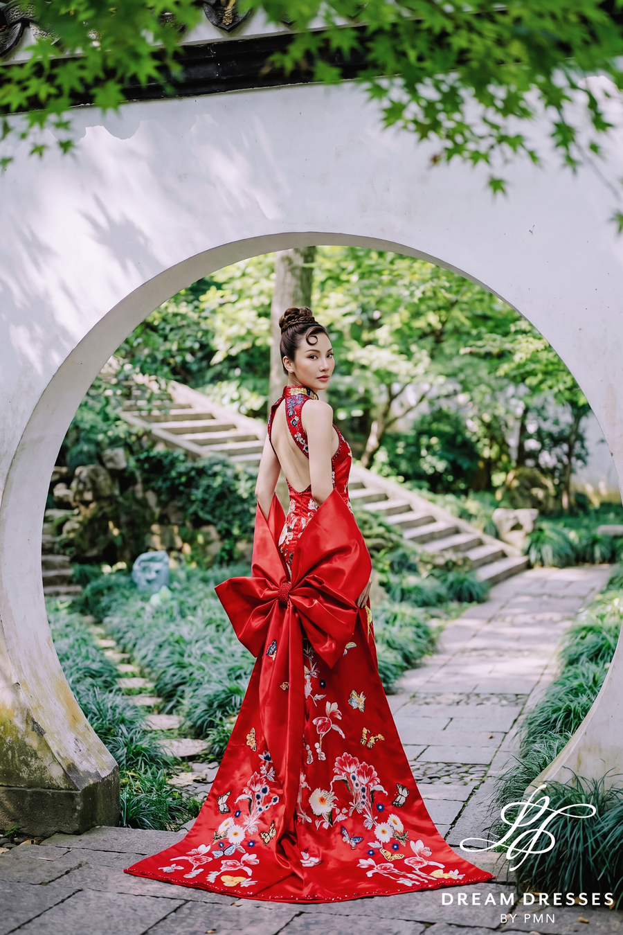 Red Cheongsam-Inspired Ao Dai with Bow Cape (#TRAM) - Dream Dresses by P.M.N.