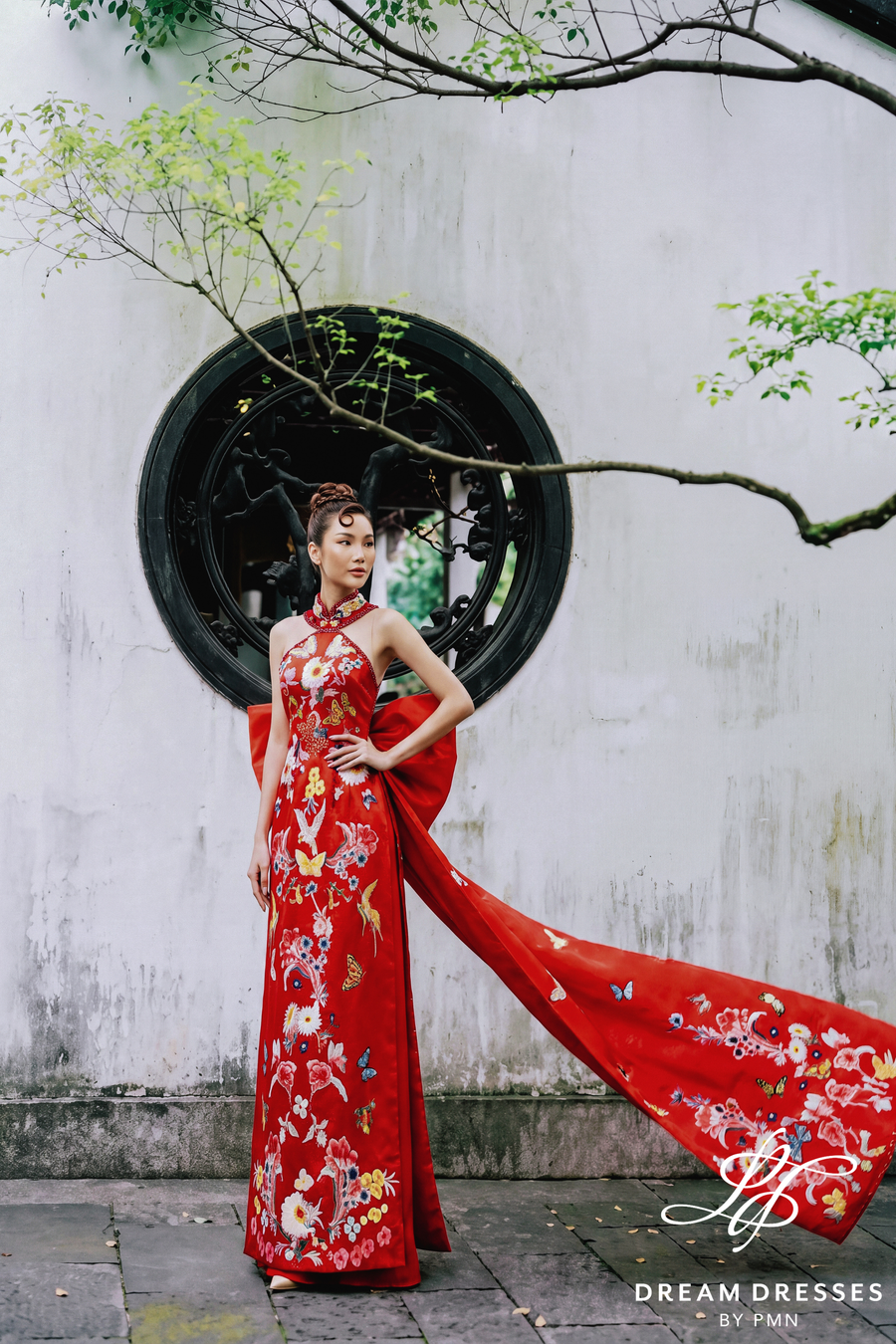 Red Cheongsam-Inspired Ao Dai with Bow Cape (#TRAM) - Dream Dresses by P.M.N.