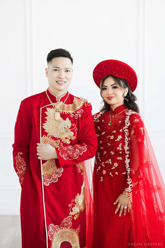 Red Bridal Ao Dai with Red and Gold Lace | Vietnamese Bridal Dress (#AMEE) - Dream Dresses by P.M.N.
