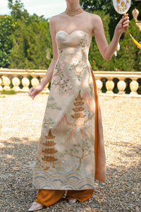 Champagne Bridal Embroidery Ao Dai | Modern Vietnamese Bridal Dress (#MEILYN) - Dream Dresses by P.M.N.