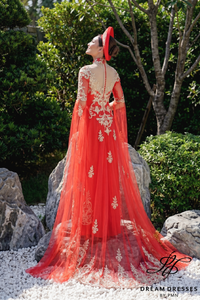 Red Bridal Ao Dai with Gold Lace | Vietnamese Bridal Dress (#ELAN)
