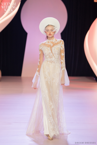 White Bridal Ao Dai | Modern Vietnamese Bridal Dress with French Lace (#AZURA)