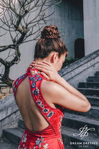 Red Cheongsam-Inspired Ao Dai with Bow Cape (#TRAM) - Dream Dresses by P.M.N.