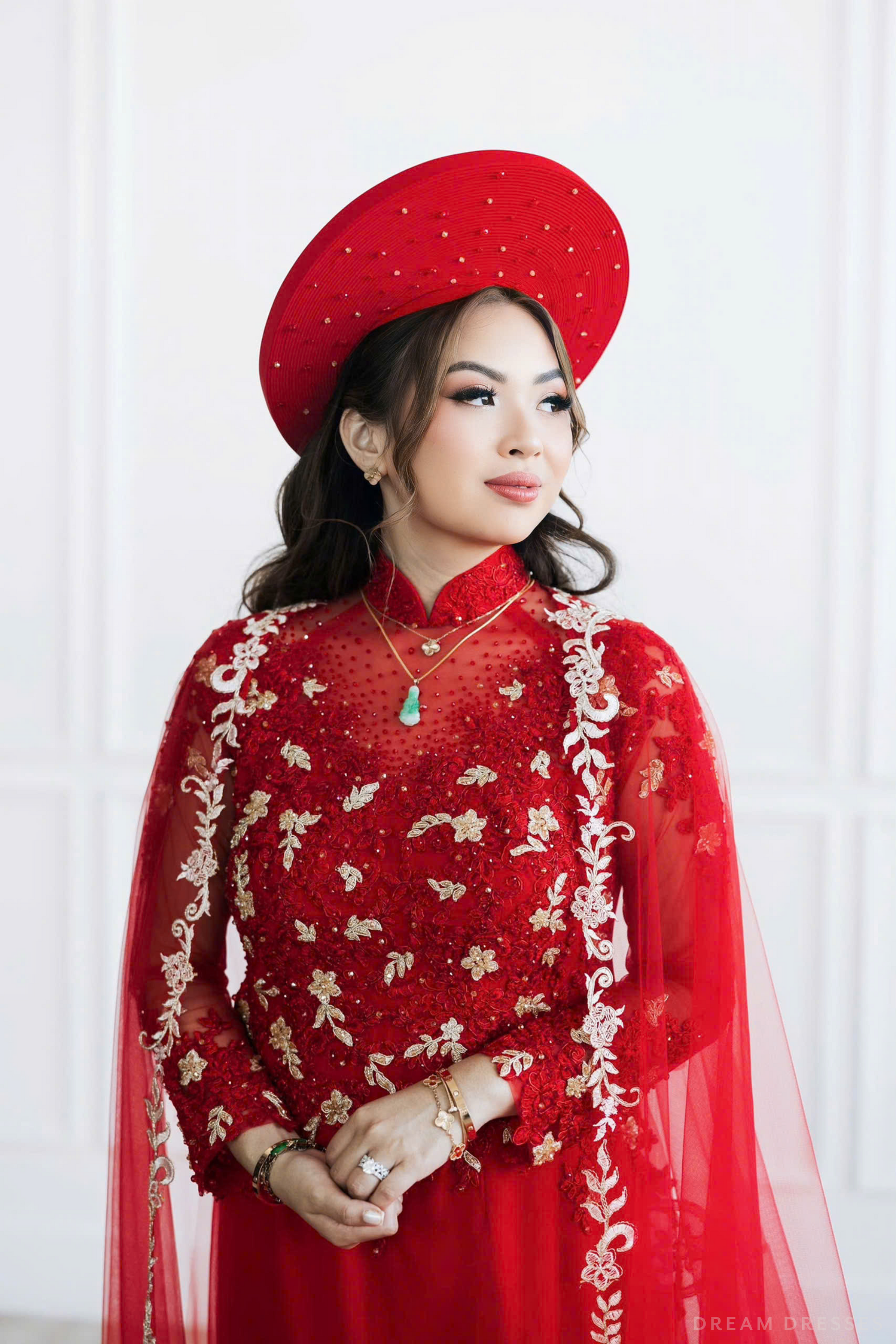 Red Bridal Ao Dai with Red and Gold Lace | Vietnamese Bridal Dress (#AMEE) - Dream Dresses by P.M.N.