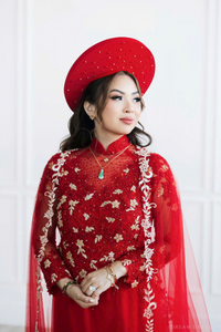 Red Bridal Ao Dai with Red and Gold Lace | Vietnamese Bridal Dress (#AMEE) - Dream Dresses by P.M.N.