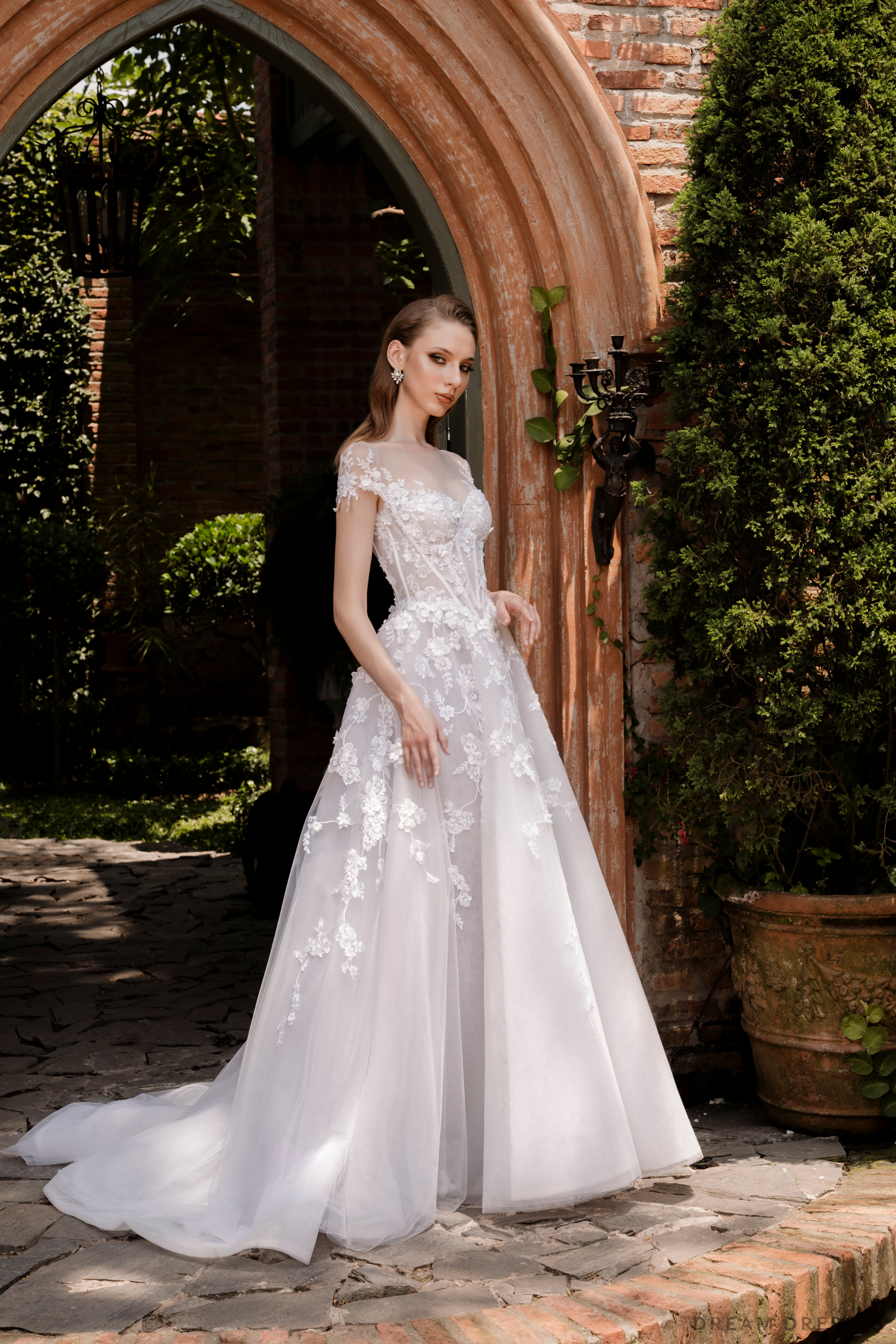 Illusion Neckline Ball Gown with Floral Lace (#JOELLE)