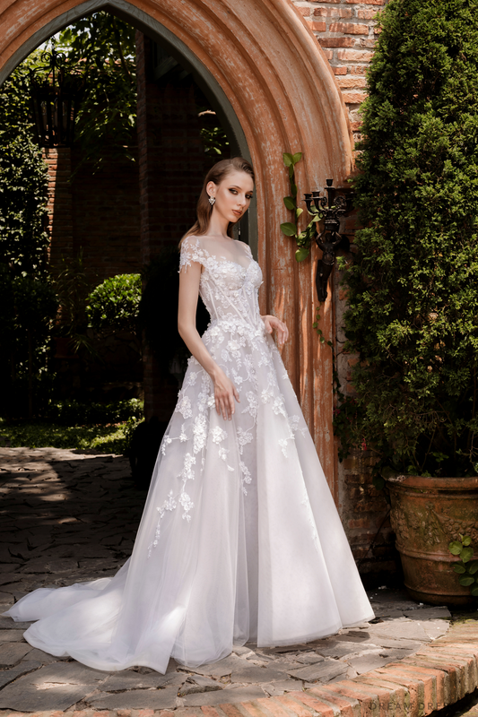 Illusion Neckline Ball Gown with Floral Lace (#JOELLE) - Dream Dresses by P.M.N.