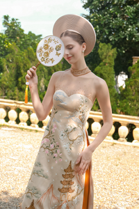 Champagne Bridal Embroidery Ao Dai | Modern Vietnamese Bridal Dress (#MEILYN) - Dream Dresses by P.M.N.