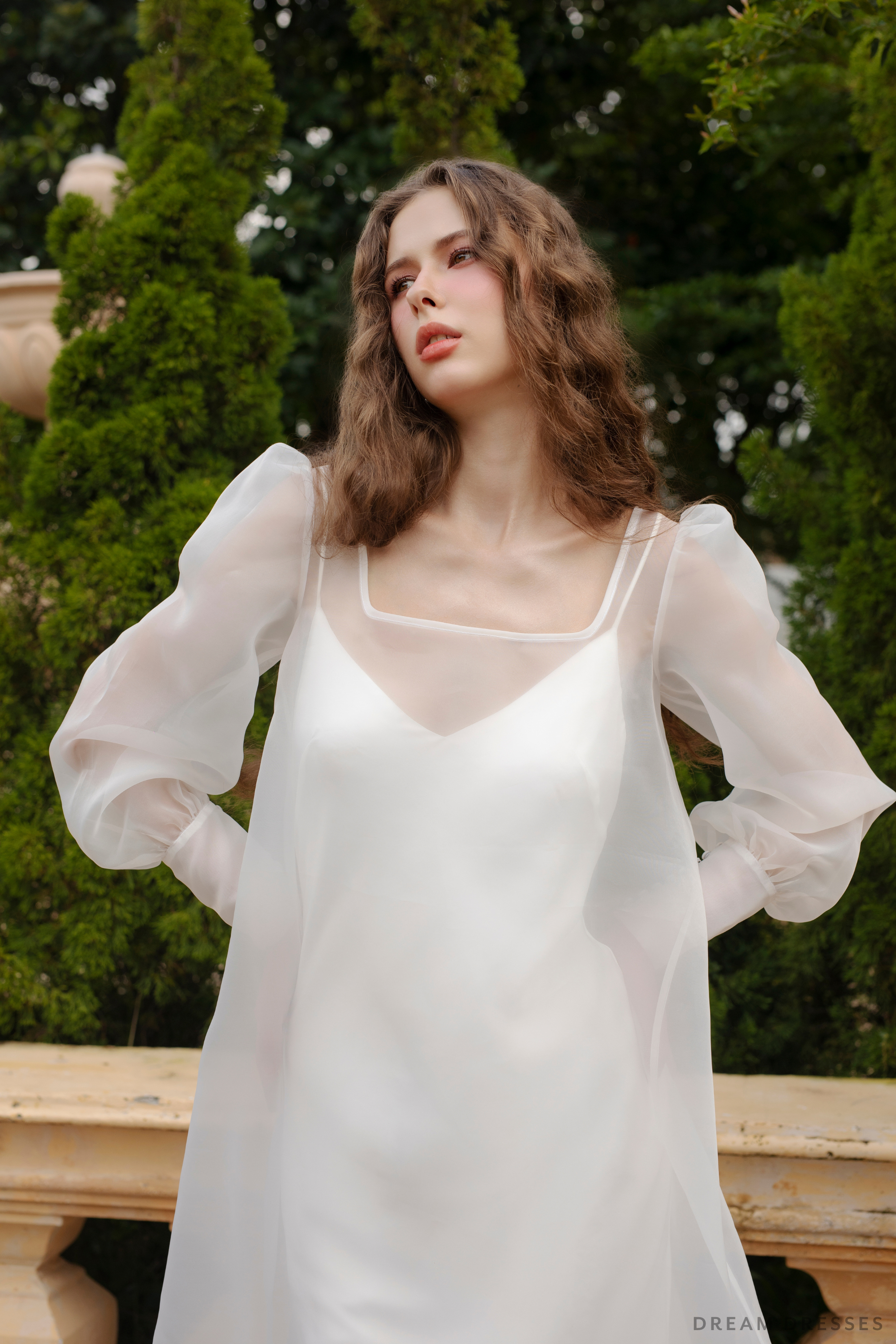 DreamDress By PMN Nayane Wedding Dress Gown Squared Neck Overlay V-Neck Spaghetti Strap Slip Chapel Train | Size: Custom DreamDress By PMN Nayane Wedding Dress Gown Squared Neck Overlay V-Neck Spaghetti Strap Slip Chapel Train | Size: Custom