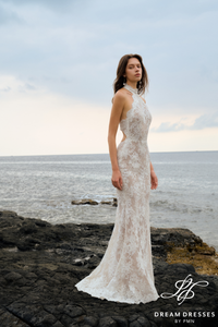 French Lace Halter Wedding Dress with Open Back (#LAGOON)