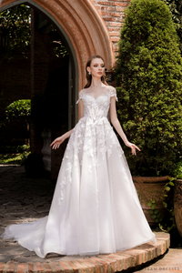 Illusion Neckline Ball Gown with Floral Lace (#JOELLE) - Dream Dresses by P.M.N.