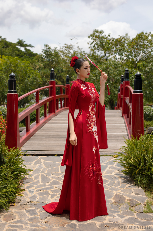 Red Bridal Ao Dai | Vietnamese Modern Bridal Dress with Phoenix Embroidery (#DAHAN) - Dream Dresses by P.M.N.